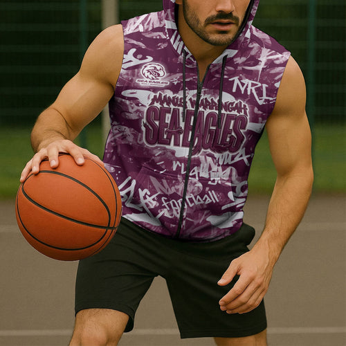 Manly Warringah Sea Eagles Rugby Sleeveless Zip Hoodie Graffiti Typography Urban Camo Abstract Street Style