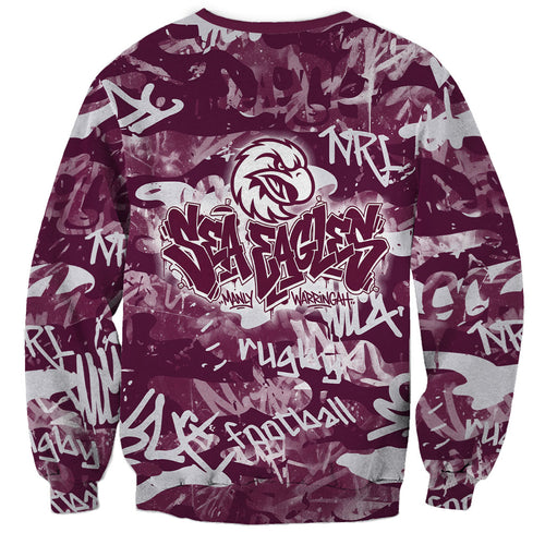 Manly Warringah Sea Eagles Rugby Sweatshirt Graffiti Typography Urban Camo Abstract Street Style