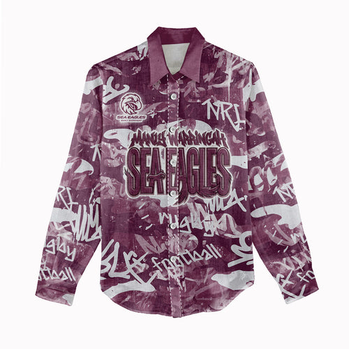 Manly Warringah Sea Eagles Rugby Women Casual Shirt Graffiti Typography Urban Camo Abstract Street Style
