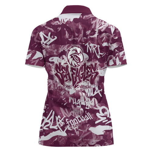Manly Warringah Sea Eagles Rugby Women Polo Shirt Graffiti Typography Urban Camo Abstract Street Style