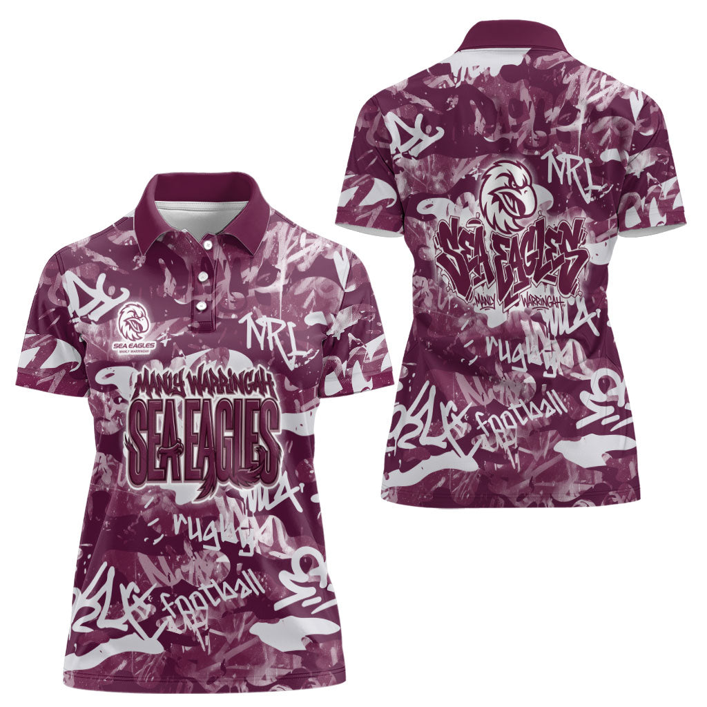 Manly Warringah Sea Eagles Rugby Women Polo Shirt Graffiti Typography Urban Camo Abstract Street Style