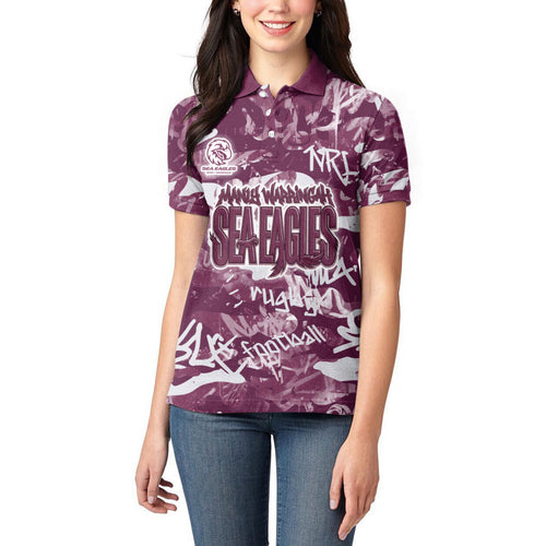 Manly Warringah Sea Eagles Rugby Women Polo Shirt Graffiti Typography Urban Camo Abstract Street Style