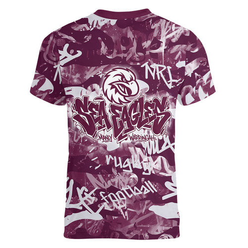 Manly Warringah Sea Eagles Rugby Women V-Neck T-Shirt Graffiti Typography Urban Camo Abstract Street Style