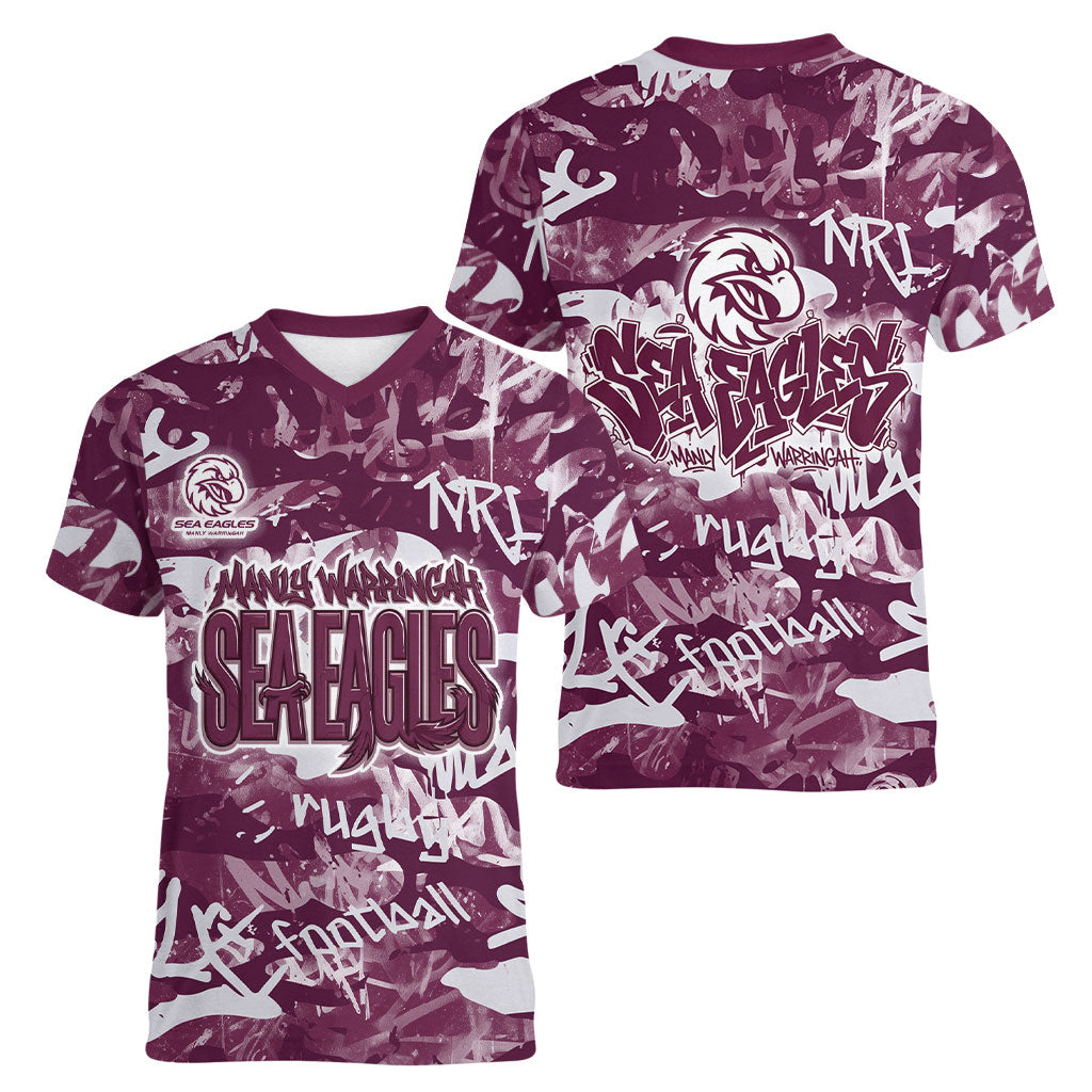 Manly Warringah Sea Eagles Rugby Women V-Neck T-Shirt Graffiti Typography Urban Camo Abstract Street Style