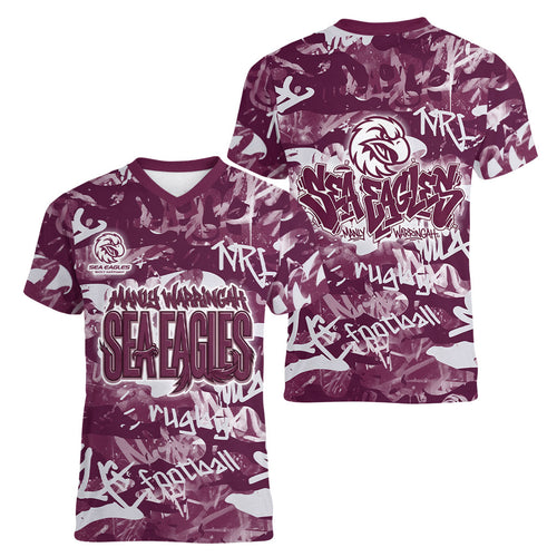 Manly Warringah Sea Eagles Rugby Women V-Neck T-Shirt Graffiti Typography Urban Camo Abstract Street Style