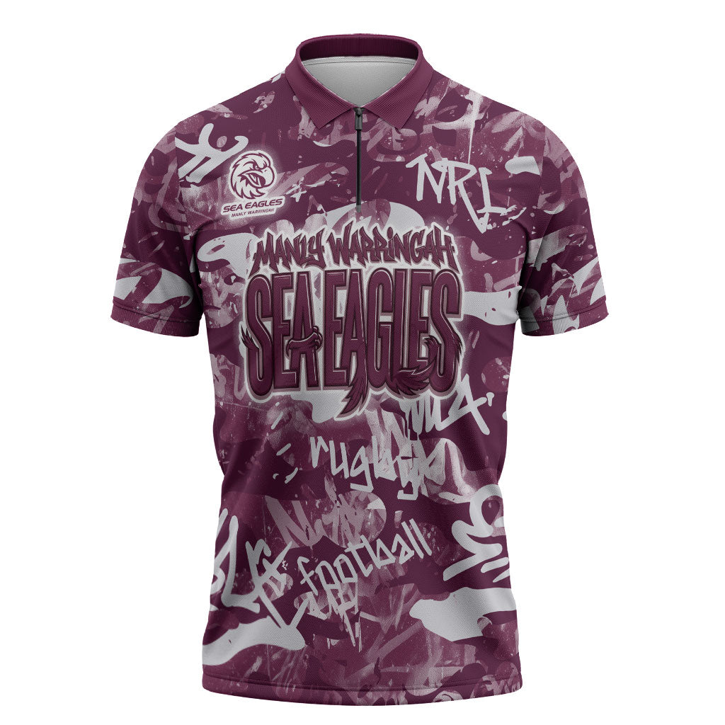 Manly Warringah Sea Eagles Rugby Zipper Polo Shirt Graffiti Typography Urban Camo Abstract Street Style