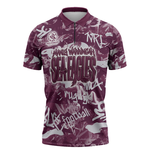 Manly Warringah Sea Eagles Rugby Zipper Polo Shirt Graffiti Typography Urban Camo Abstract Street Style