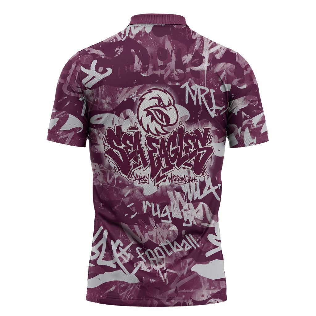 Manly Warringah Sea Eagles Rugby Zipper Polo Shirt Graffiti Typography Urban Camo Abstract Street Style
