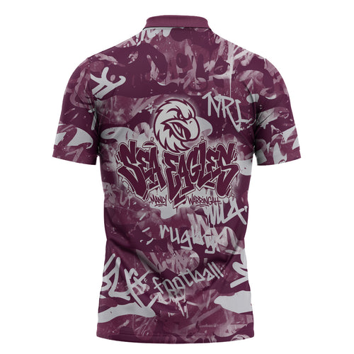 Manly Warringah Sea Eagles Rugby Zipper Polo Shirt Graffiti Typography Urban Camo Abstract Street Style