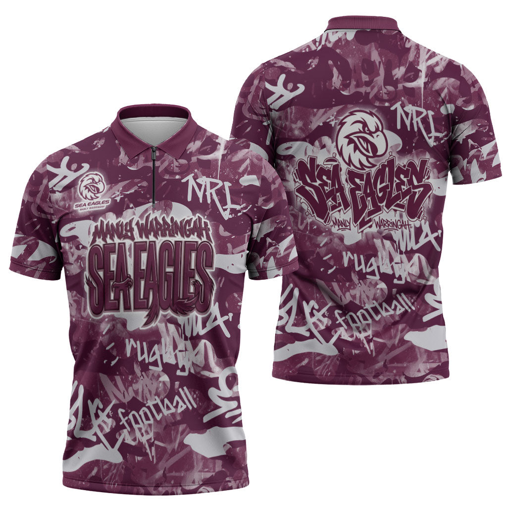 Manly Warringah Sea Eagles Rugby Zipper Polo Shirt Graffiti Typography Urban Camo Abstract Street Style