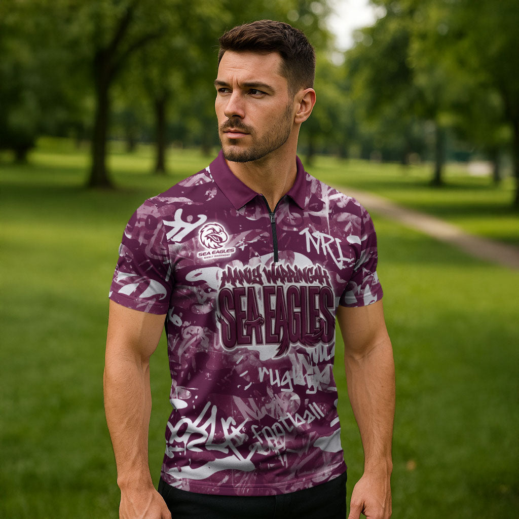 Manly Warringah Sea Eagles Rugby Zipper Polo Shirt Graffiti Typography Urban Camo Abstract Street Style
