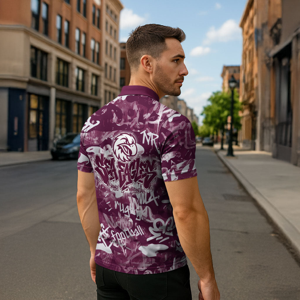 Manly Warringah Sea Eagles Rugby Zipper Polo Shirt Graffiti Typography Urban Camo Abstract Street Style