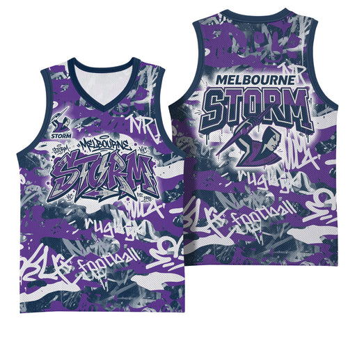 Melbourne Storm Rugby Basketball Jersey Graffiti Typography Urban Camo Abstract Street Style
