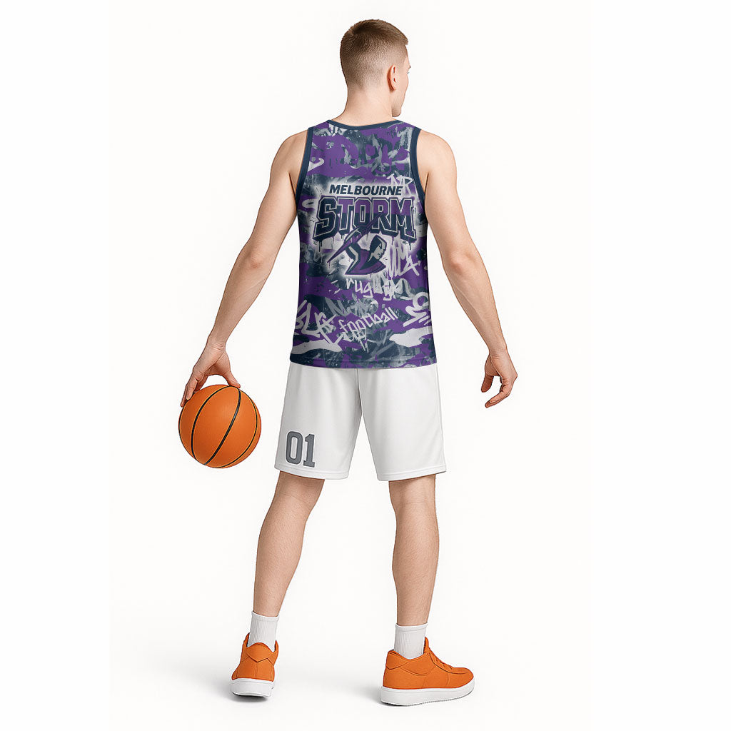 Melbourne Storm Rugby Basketball Jersey Graffiti Typography Urban Camo Abstract Street Style