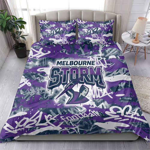 Melbourne Storm Rugby Bedding Set Graffiti Typography Urban Camo Abstract Street Style