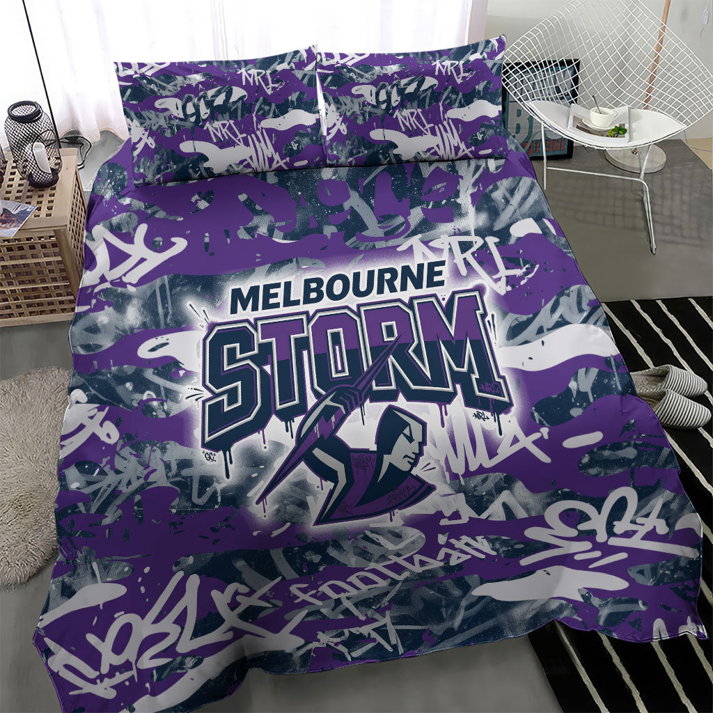 Melbourne Storm Rugby Bedding Set Graffiti Typography Urban Camo Abstract Street Style