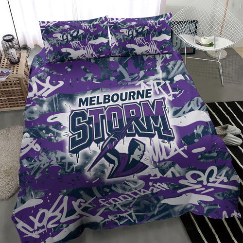 Melbourne Storm Rugby Bedding Set Graffiti Typography Urban Camo Abstract Street Style