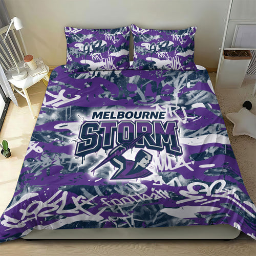 Melbourne Storm Rugby Bedding Set Graffiti Typography Urban Camo Abstract Street Style