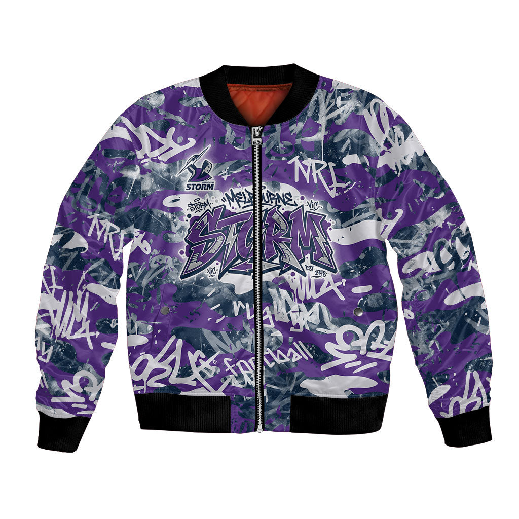 Melbourne Storm Rugby Bomber Jacket Graffiti Typography Urban Camo Abstract Street Style