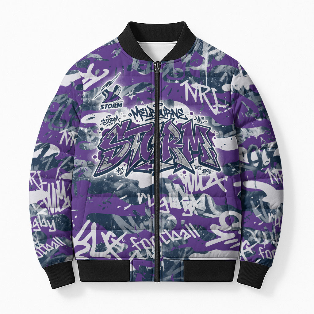 Melbourne Storm Rugby Bomber Puffer Jacket Graffiti Typography Urban Camo Abstract Street Style