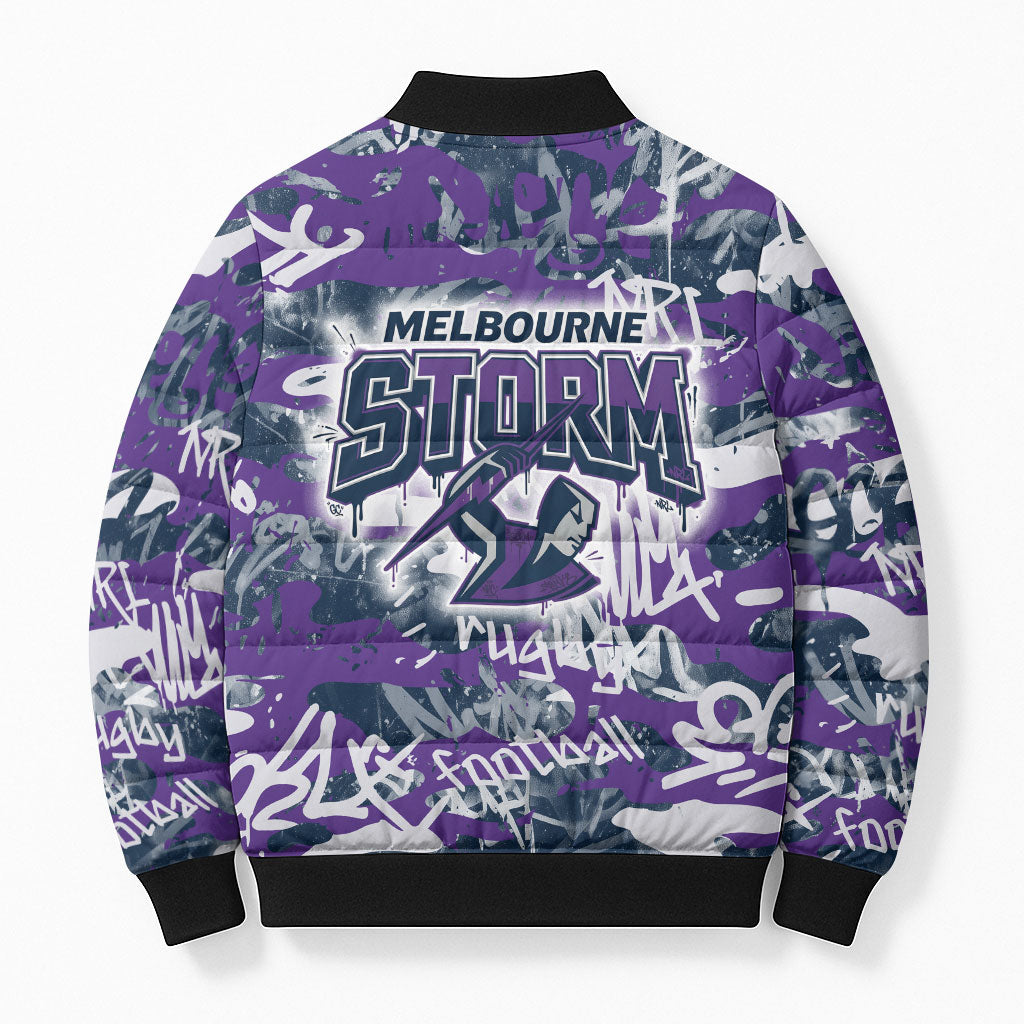 Melbourne Storm Rugby Bomber Puffer Jacket Graffiti Typography Urban Camo Abstract Street Style
