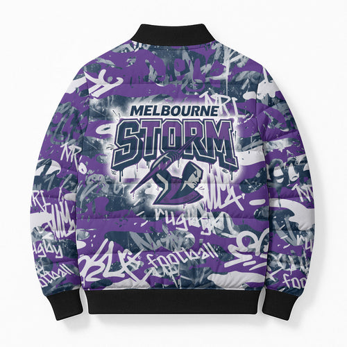 Melbourne Storm Rugby Bomber Puffer Jacket Graffiti Typography Urban Camo Abstract Street Style