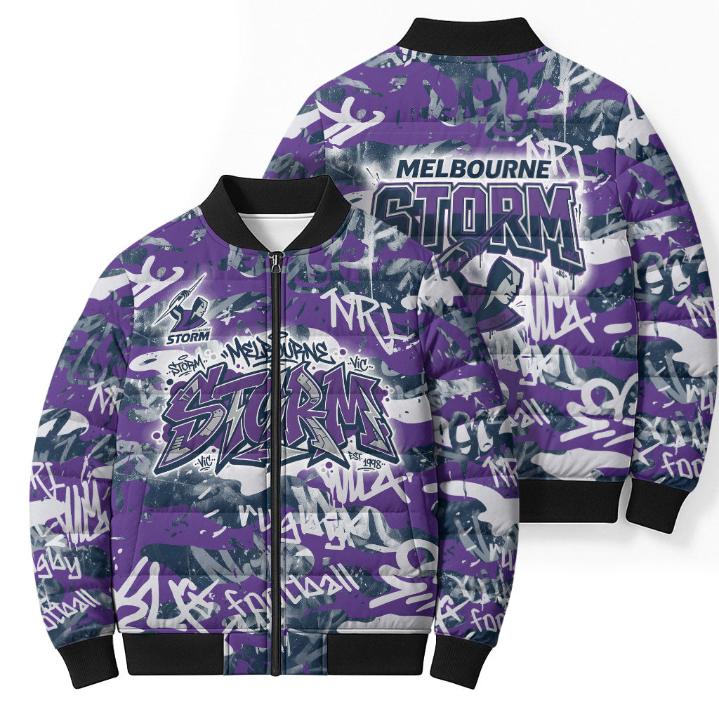 Melbourne Storm Rugby Bomber Puffer Jacket Graffiti Typography Urban Camo Abstract Street Style