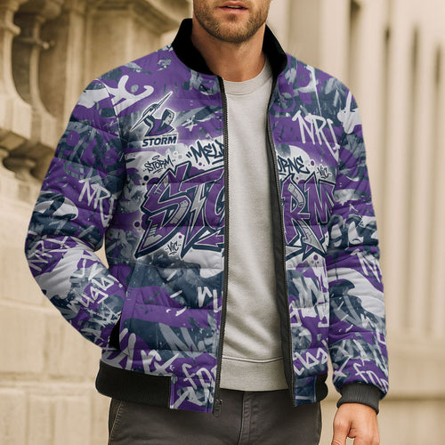 Melbourne Storm Rugby Bomber Puffer Jacket Graffiti Typography Urban Camo Abstract Street Style