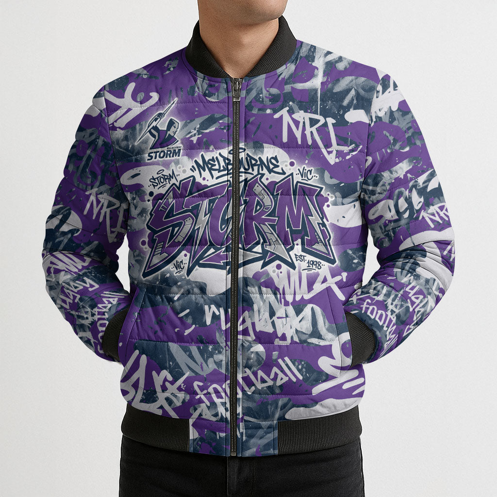 Melbourne Storm Rugby Bomber Puffer Jacket Graffiti Typography Urban Camo Abstract Street Style