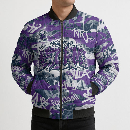 Melbourne Storm Rugby Bomber Puffer Jacket Graffiti Typography Urban Camo Abstract Street Style