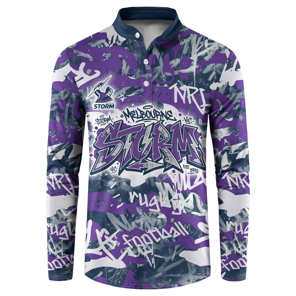 Melbourne Storm Rugby Button Sweatshirt Graffiti Typography Urban Camo Abstract Street Style