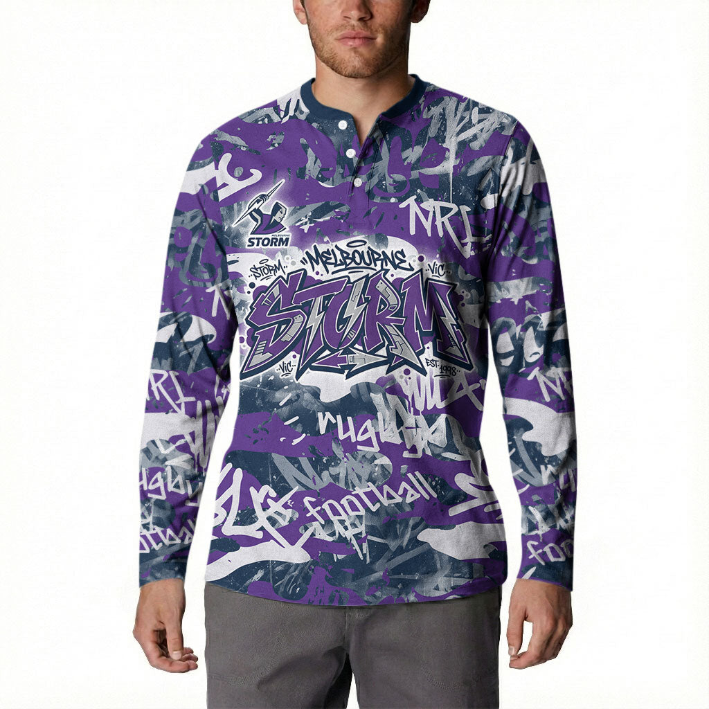 Melbourne Storm Rugby Button Sweatshirt Graffiti Typography Urban Camo Abstract Street Style