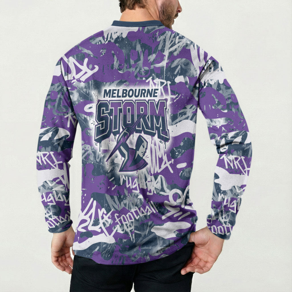 Melbourne Storm Rugby Button Sweatshirt Graffiti Typography Urban Camo Abstract Street Style