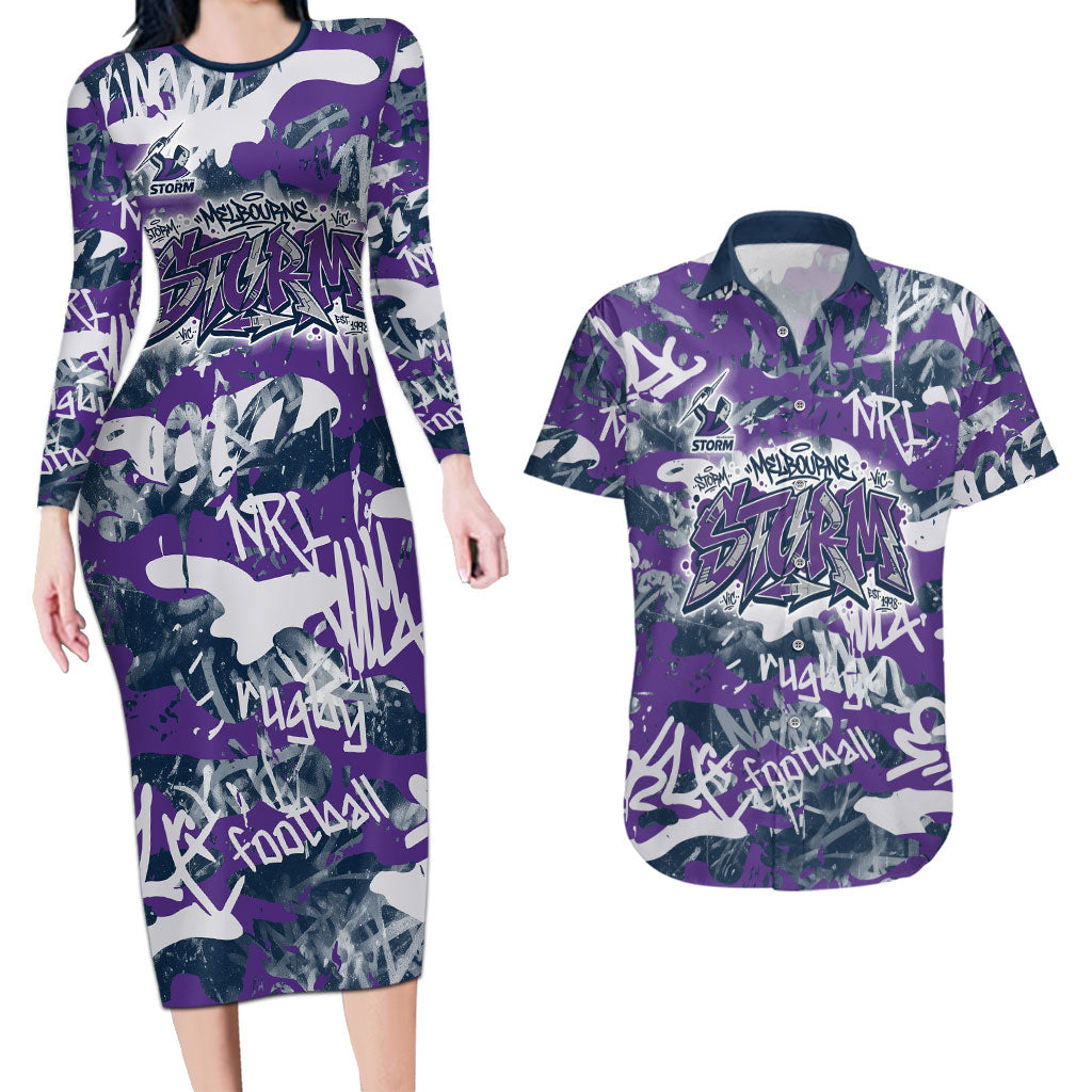 Melbourne Storm Rugby Couples Matching Long Sleeve Bodycon Dress and Hawaiian Shirt Graffiti Typography Urban Camo Abstract Street Style