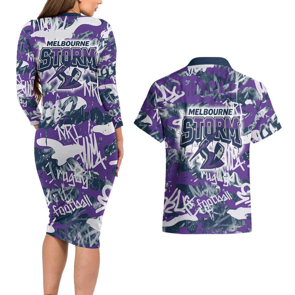 Melbourne Storm Rugby Couples Matching Long Sleeve Bodycon Dress and Hawaiian Shirt Graffiti Typography Urban Camo Abstract Street Style