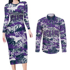 Melbourne Storm Rugby Couples Matching Long Sleeve Bodycon Dress and Long Sleeve Button Shirt Graffiti Typography Urban Camo Abstract Street Style