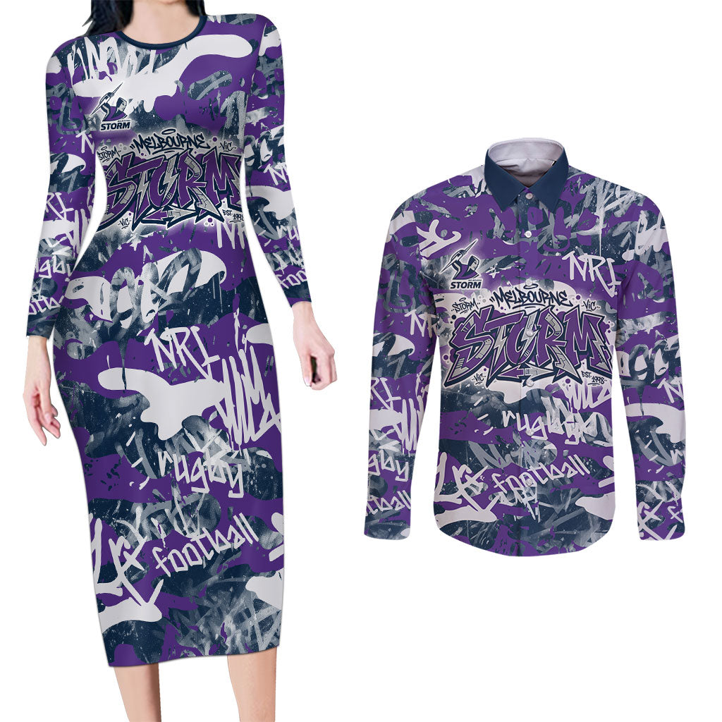 Melbourne Storm Rugby Couples Matching Long Sleeve Bodycon Dress and Long Sleeve Button Shirt Graffiti Typography Urban Camo Abstract Street Style