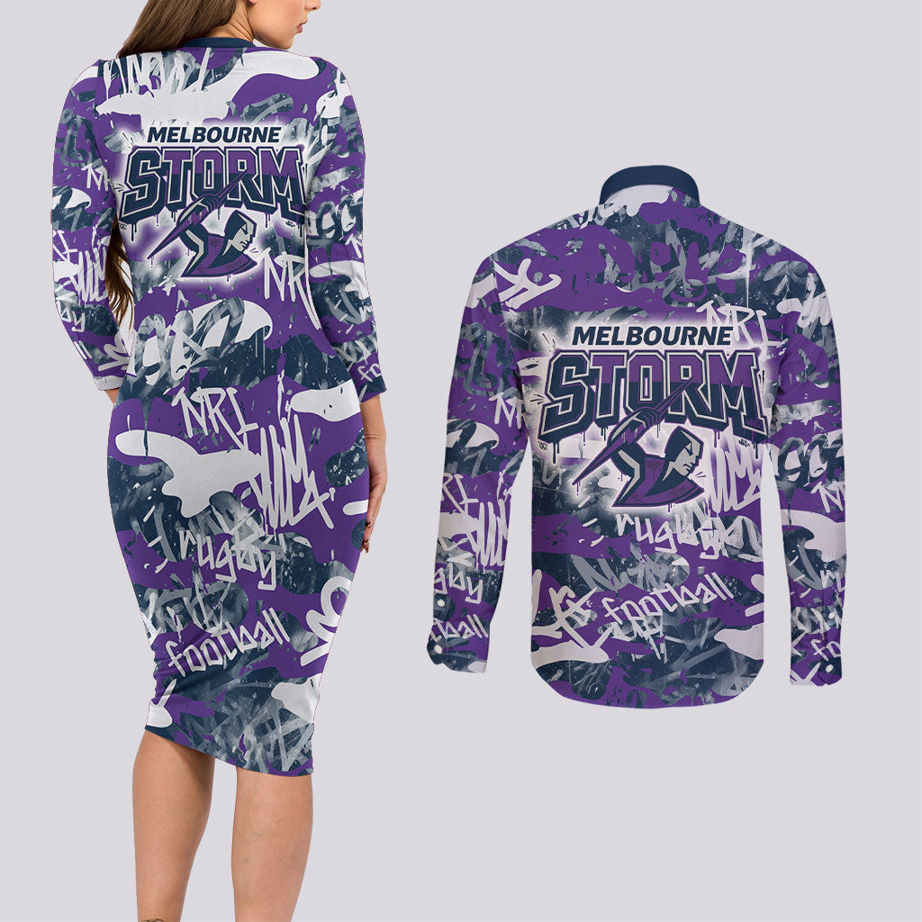 Melbourne Storm Rugby Couples Matching Long Sleeve Bodycon Dress and Long Sleeve Button Shirt Graffiti Typography Urban Camo Abstract Street Style