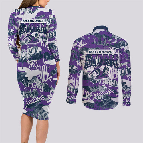 Melbourne Storm Rugby Couples Matching Long Sleeve Bodycon Dress and Long Sleeve Button Shirt Graffiti Typography Urban Camo Abstract Street Style