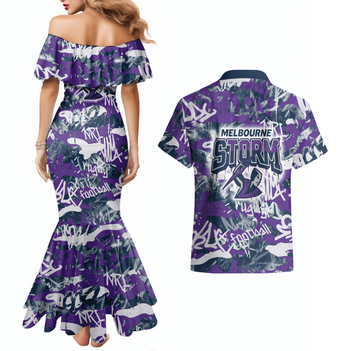 Melbourne Storm Rugby Couples Matching Mermaid Dress and Hawaiian Shirt Graffiti Typography Urban Camo Abstract Street Style