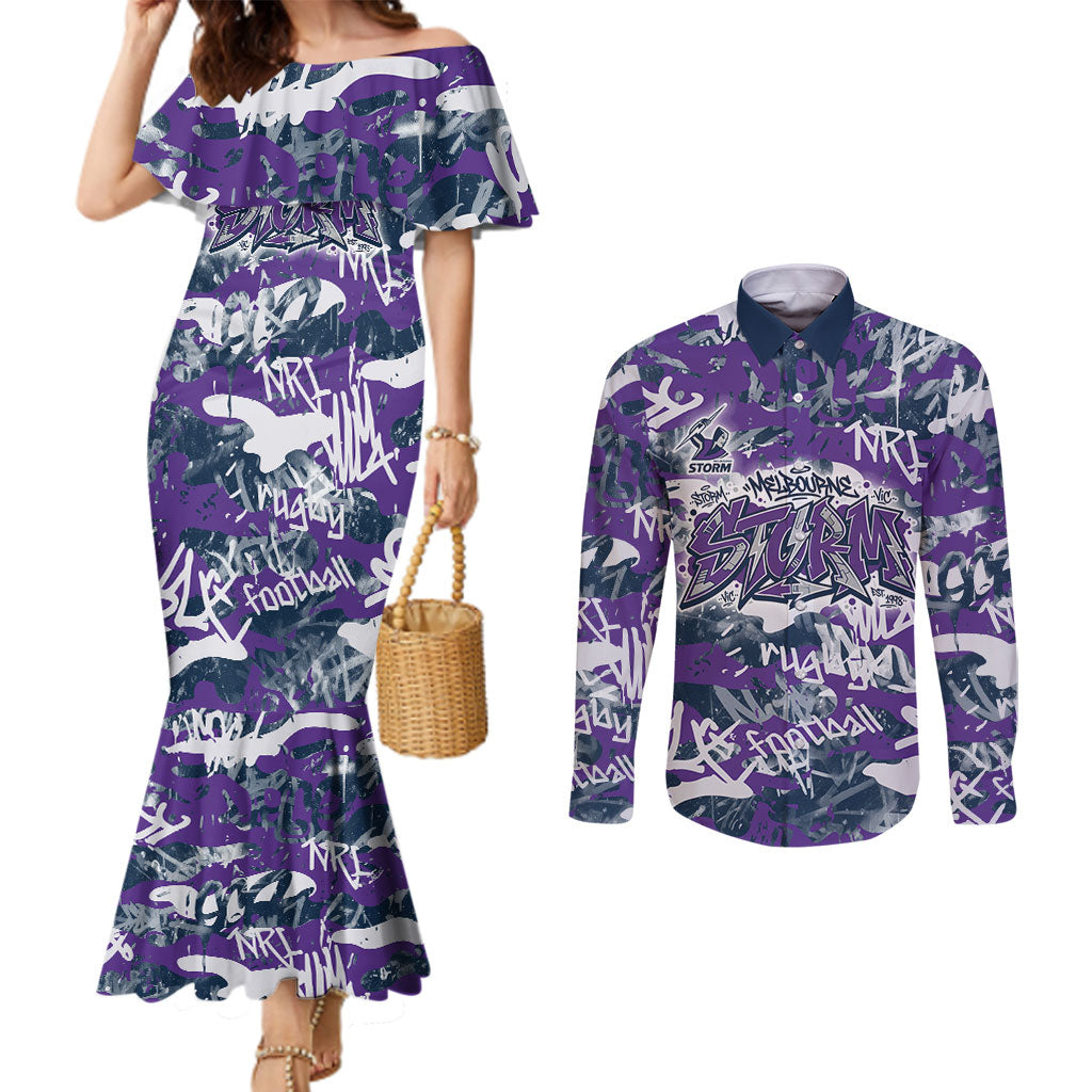 Melbourne Storm Rugby Couples Matching Mermaid Dress and Long Sleeve Button Shirt Graffiti Typography Urban Camo Abstract Street Style