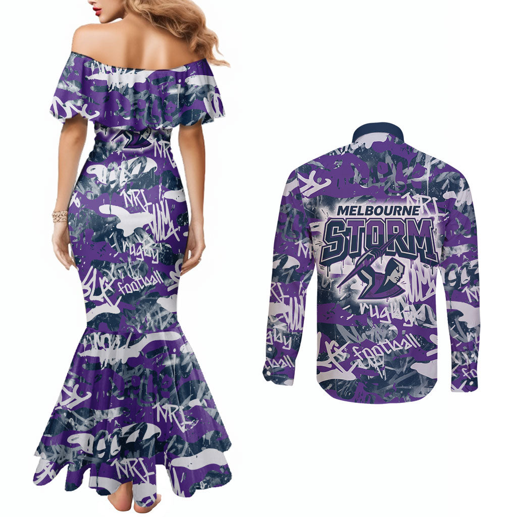 Melbourne Storm Rugby Couples Matching Mermaid Dress and Long Sleeve Button Shirt Graffiti Typography Urban Camo Abstract Street Style