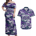 Melbourne Storm Rugby Couples Matching Off Shoulder Maxi Dress and Hawaiian Shirt Graffiti Typography Urban Camo Abstract Street Style