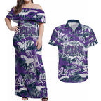 Melbourne Storm Rugby Couples Matching Off Shoulder Maxi Dress and Hawaiian Shirt Graffiti Typography Urban Camo Abstract Street Style