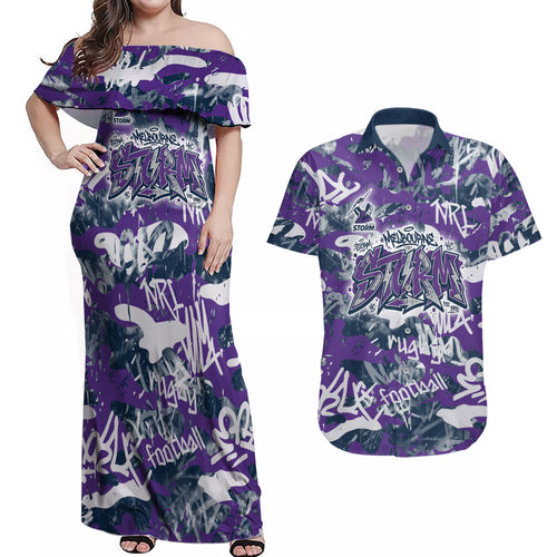 Melbourne Storm Rugby Couples Matching Off Shoulder Maxi Dress and Hawaiian Shirt Graffiti Typography Urban Camo Abstract Street Style