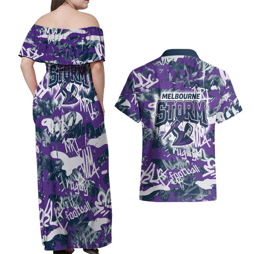 Melbourne Storm Rugby Couples Matching Off Shoulder Maxi Dress and Hawaiian Shirt Graffiti Typography Urban Camo Abstract Street Style