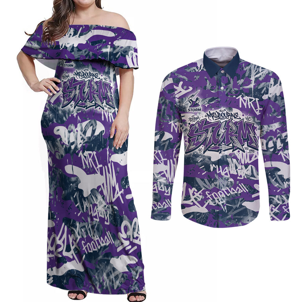 Melbourne Storm Rugby Couples Matching Off Shoulder Maxi Dress and Long Sleeve Button Shirt Graffiti Typography Urban Camo Abstract Street Style