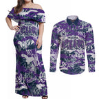 Melbourne Storm Rugby Couples Matching Off Shoulder Maxi Dress and Long Sleeve Button Shirt Graffiti Typography Urban Camo Abstract Street Style