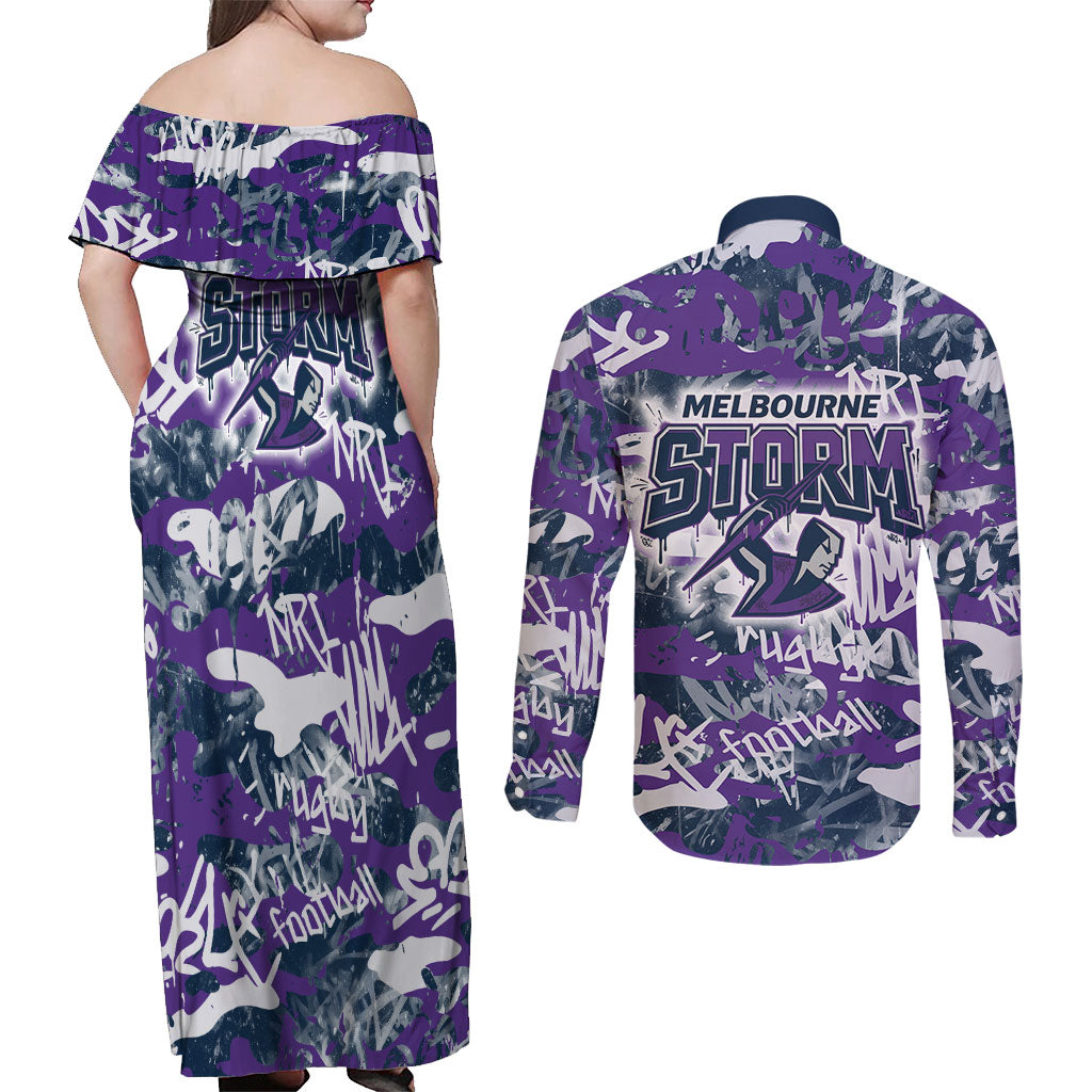 Melbourne Storm Rugby Couples Matching Off Shoulder Maxi Dress and Long Sleeve Button Shirt Graffiti Typography Urban Camo Abstract Street Style