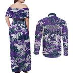 Melbourne Storm Rugby Couples Matching Off Shoulder Maxi Dress and Long Sleeve Button Shirt Graffiti Typography Urban Camo Abstract Street Style